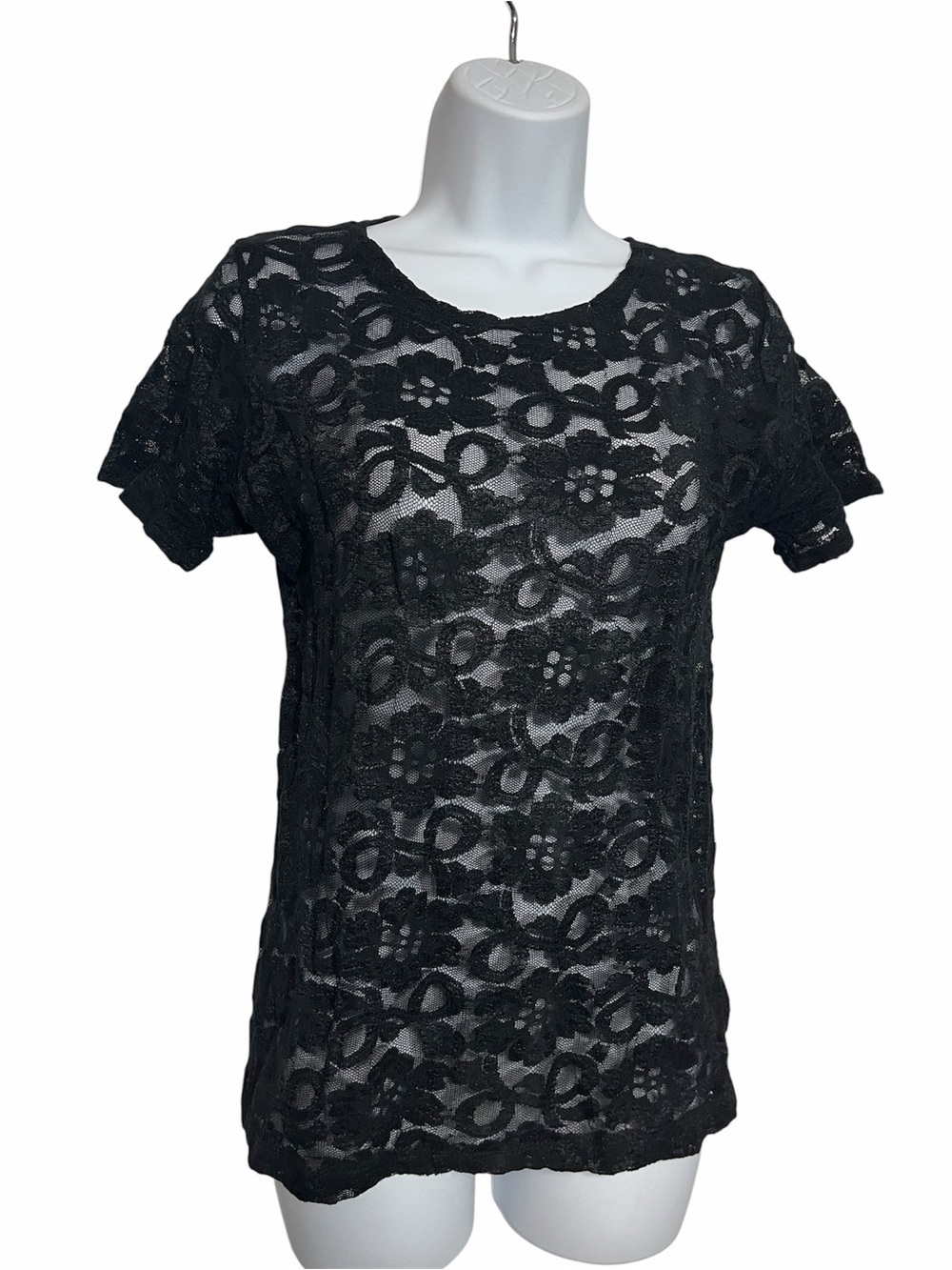 Vintage Victoria's Secret Black Floral Lace Short Sleeve Tee Sheer Size Medium
